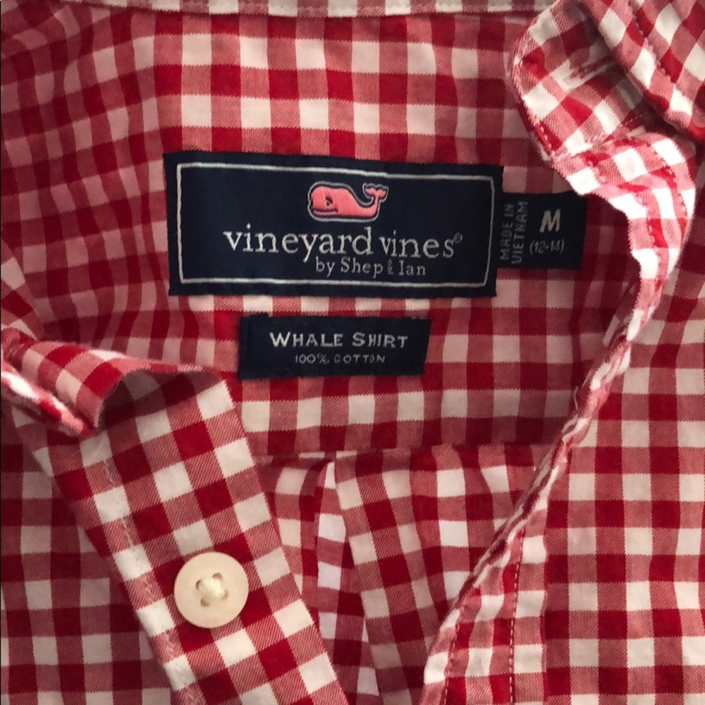 YMed Vineyard Vines Red White Checked Whale Shirt
